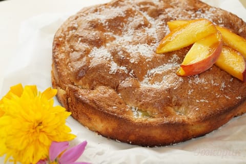 A slice of apple and peach charlotte dusted with icing sugar and coconut